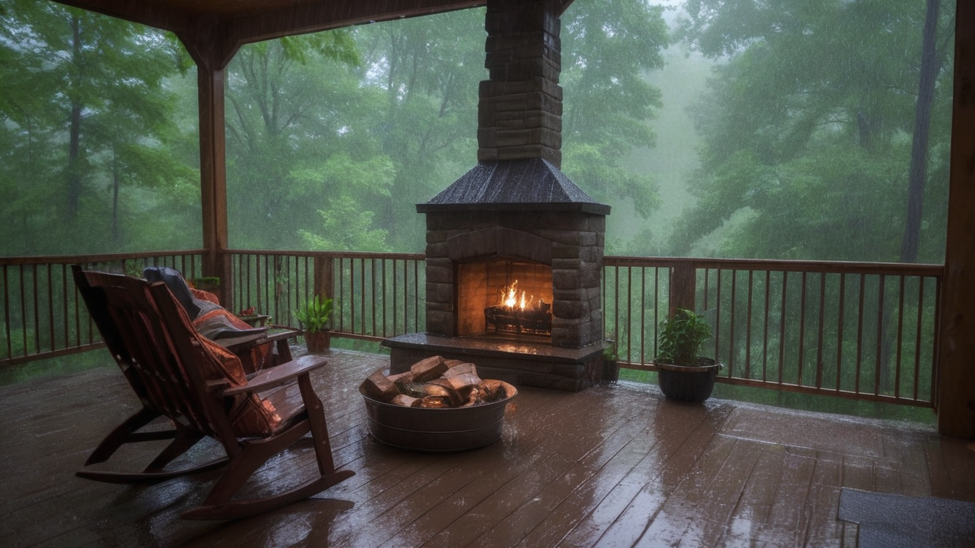 seeing heavy rain falling from the porch